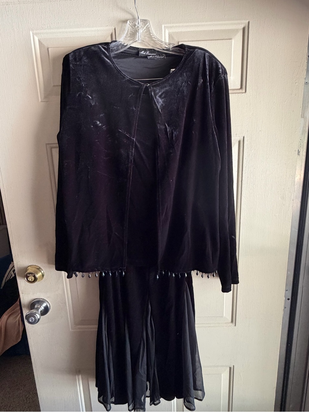 Vintage MSK Evening Black Velvet 2-Piece Set - Beaded Tassel Trim Chiffon Skirt